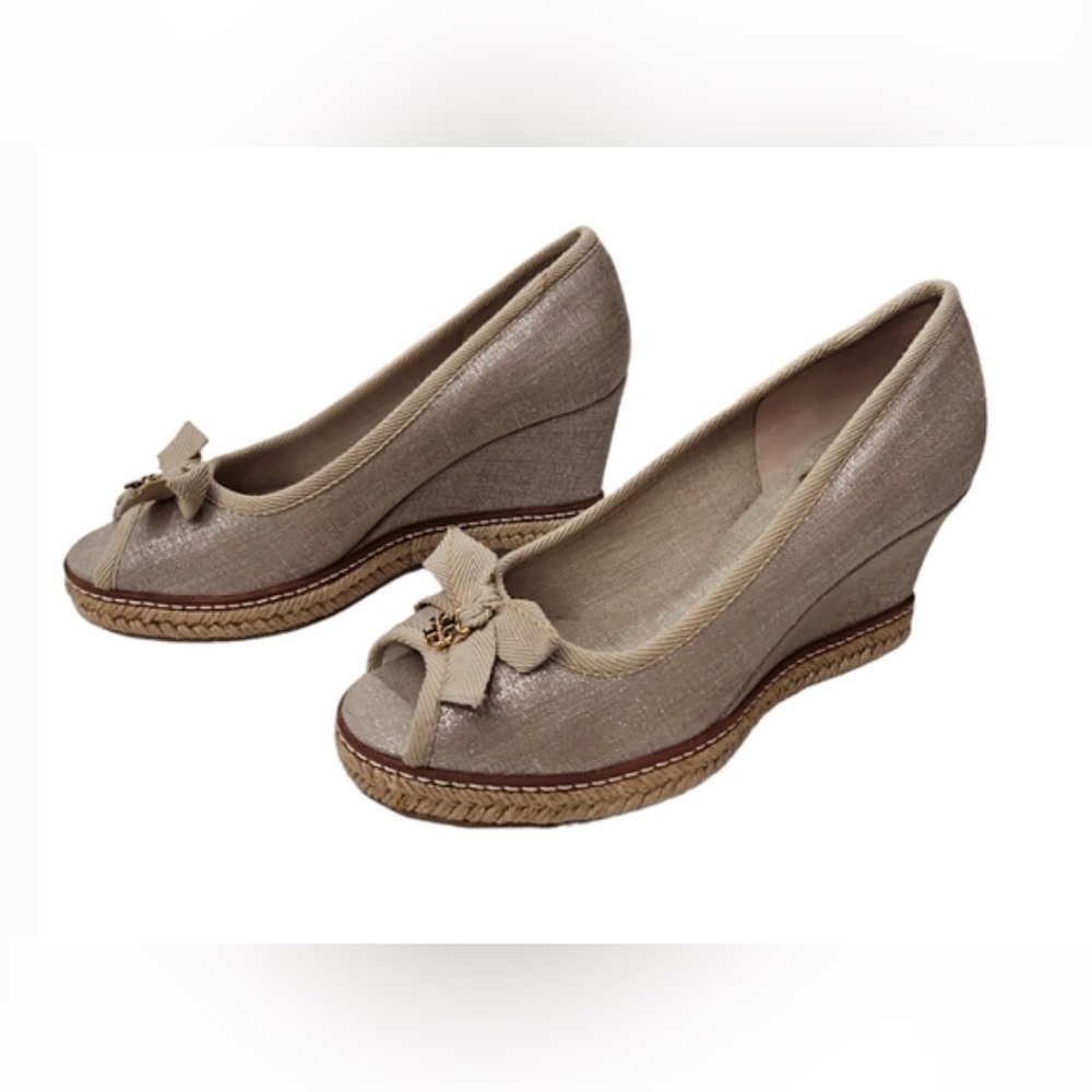Tory Burch Bow & Logo Glitter canvas Wedges, New